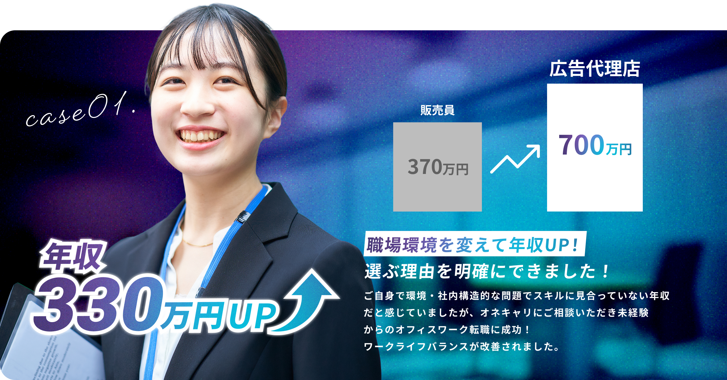 職場環境を変えて年収UP！選ぶ理由を明確にできました！ご自身で環境・社内構造的な問題でスキルに見合っていない年収だと感じていましたが、オネキャリにご相談いただき未経験からのオフィスワーク転職に成功！ワークライフバランスが改善されました。