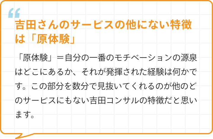 自分の特徴がいまいち分からず、以前は強みのアピールに苦労していましたが、キャリアコーチングで自己分析が深まり、適性のある企業と出会えました。